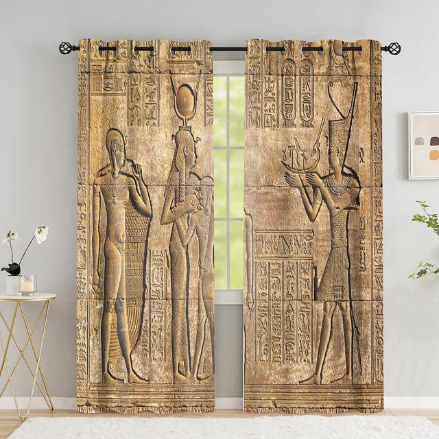 Египетские оконные шторы иероглифы на фресках в древнем египетском храме, затемненные занавески, винтажные шторы, домашний декор для спальни, 2 панели