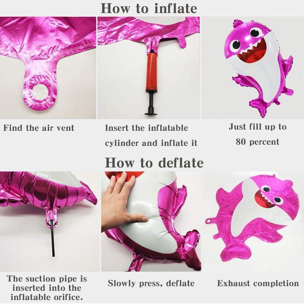 Принадлежности для вечеринки в виде маленьких акул включают гелиевые воздушные шары в виде маленьких акул и круглые воздушные шары.