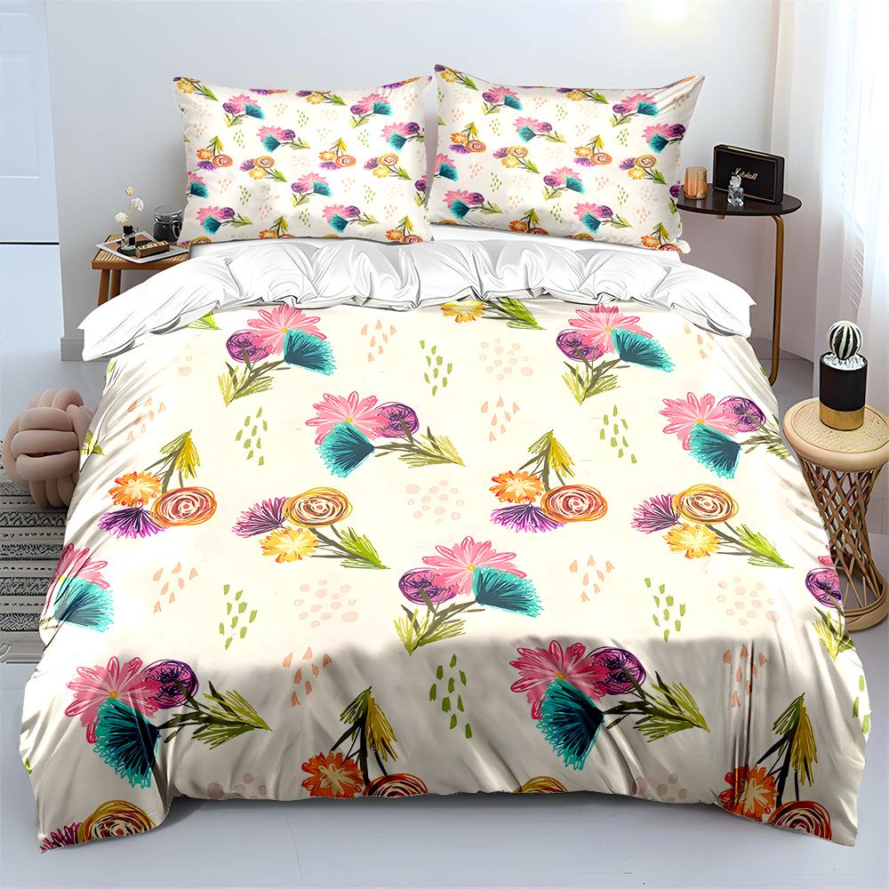 Hand-Drawn Colorful Floral Pattern Print Bedding Set 1 Duvet Cover 2 Pillowcases For Adult And Children Luxury Gift Full Size