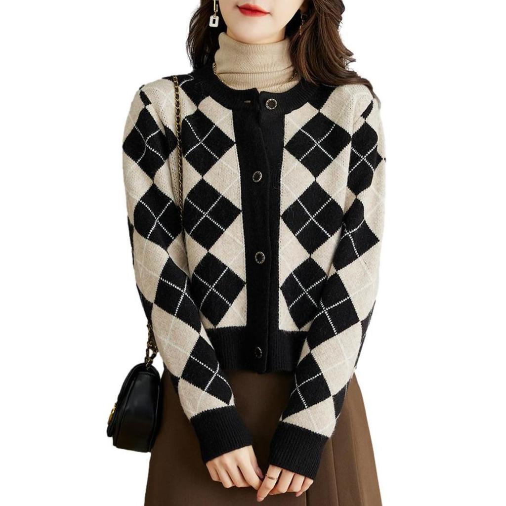 Knit Argyle Gold Box Round Slender Long Delicate Front Body Shape Front Warm Stylish Assemble 10 Ivory Cardigan, Pattern, Women's, Buttons, Jacket,