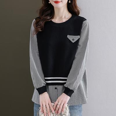 Весенний новый стиль слегка толстого Mm Design и поддельный двухсекционный полосатый свитер, который сделает вас стройнее, топ с круглым вырезом и длинными рукавами