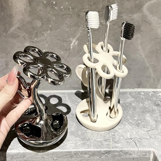 Toothbrush Holder Storage Stand High Stability Easy To Clean Compact Size Flower Shape Ceramic Storage Rack Multifunctional Toothbrush Holder