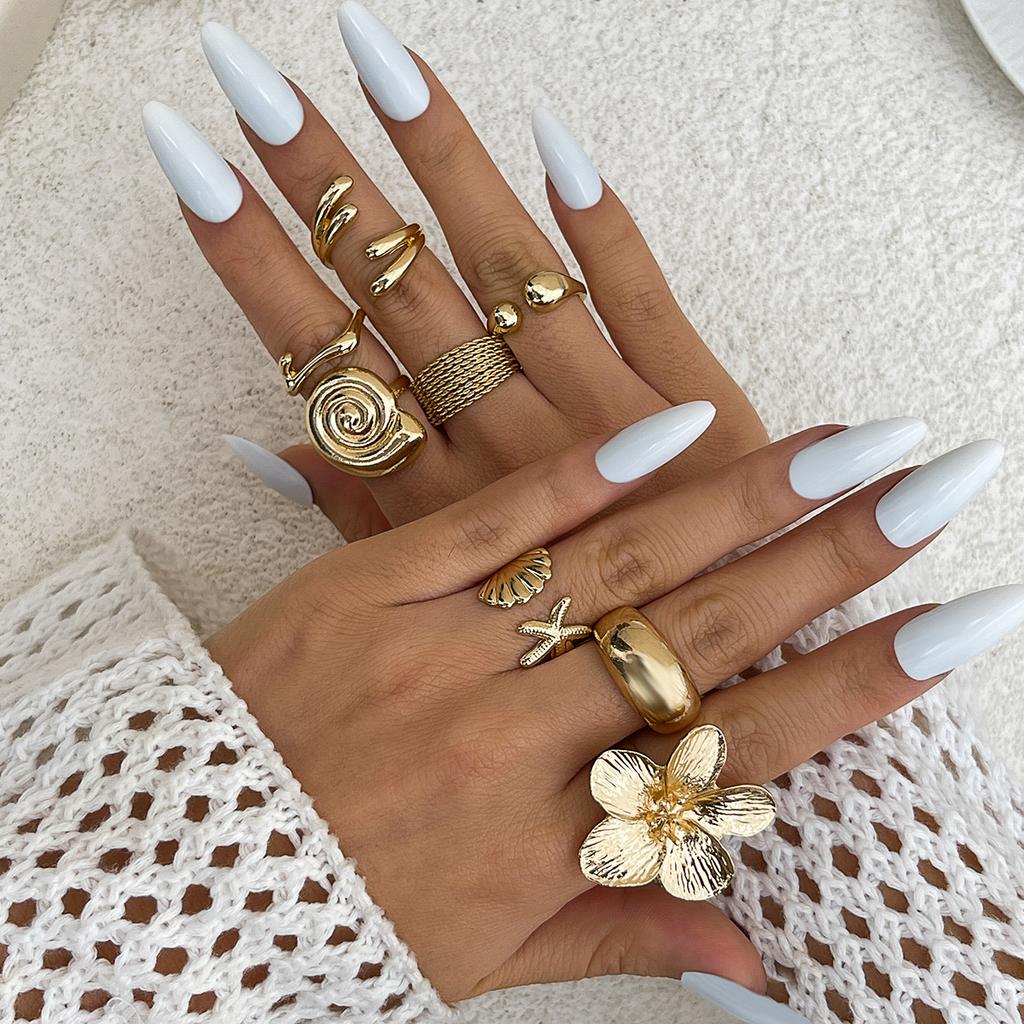 2025 Vintage Metal Sea Star Shell Rings Set Petal Flower Water Drop Open Rings for Women Goth Geometric Ring Daily Zircon Gifts