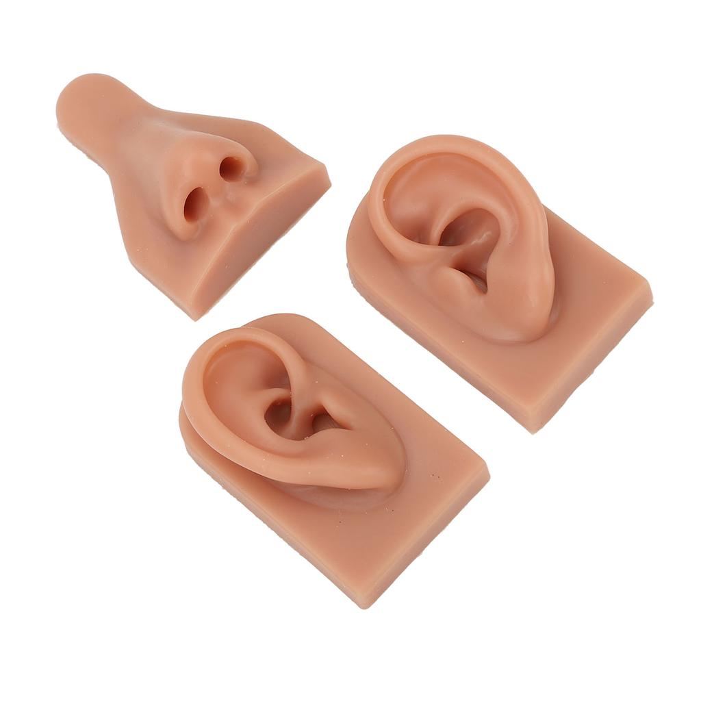 Silicone Nose Ear Model 3D Simulation Nose Ear Model Set for Piercing Practice Teaching Dark Skin