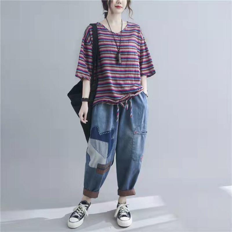 Женский летний модный свободный топ в литературном стиле с принтом и строчкой