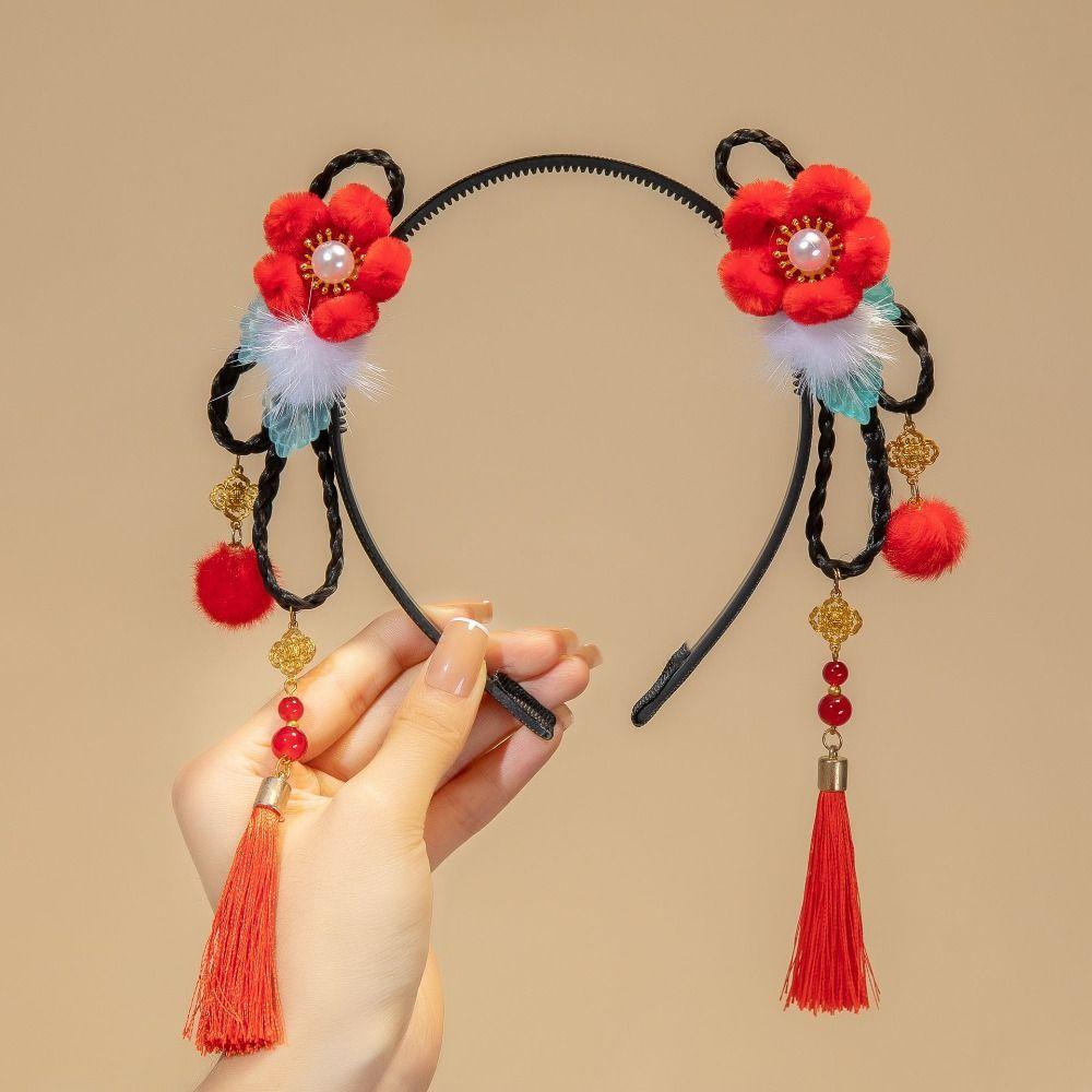 Красный парик ханьфу, повязка на голову с жемчугом, новогодний головной убор, традиционная повязка на голову с цветочной кисточкой для детей