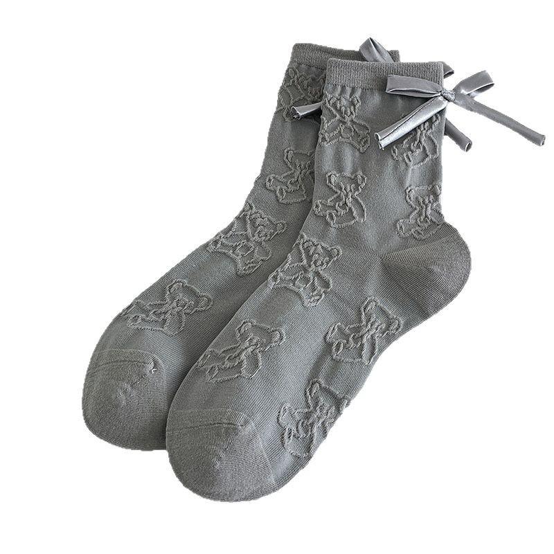 1 Pair Japanese Grey Bow 3D Bear Calf Socks Kawaii Vintage Seamless Pile Loose Socks for Girl Spring Summer Thin Casual Socks