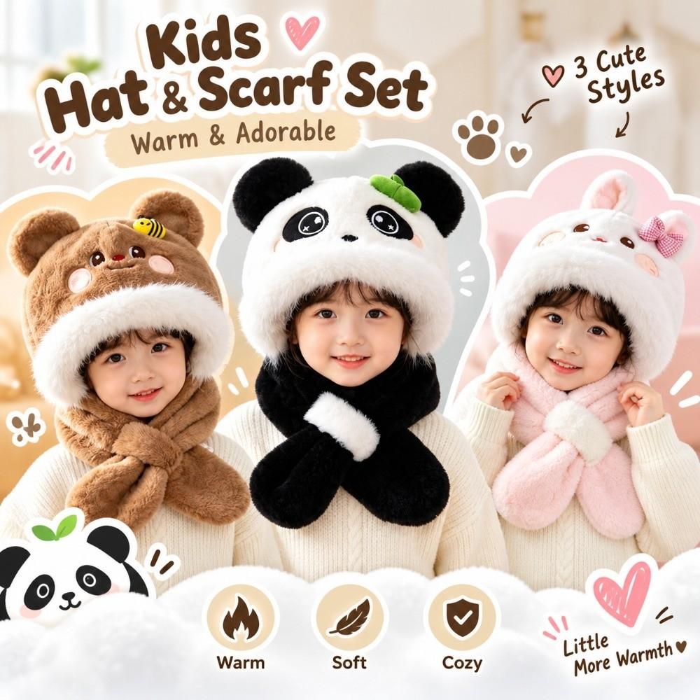 Windproof Kids Hat Scarf Set Soft Plush Earflap Hat New 2 in 1 Hat Scarf  Boys Girls