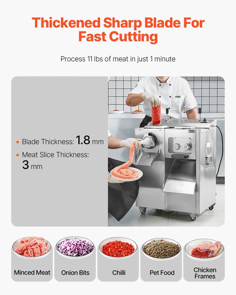 VEVOR Meat Grinder, 14 Lbs/Min Electric Meat Grinder, Slicer, Sausage Stuffer with Blade, Grinding Plate, Sausage Maker