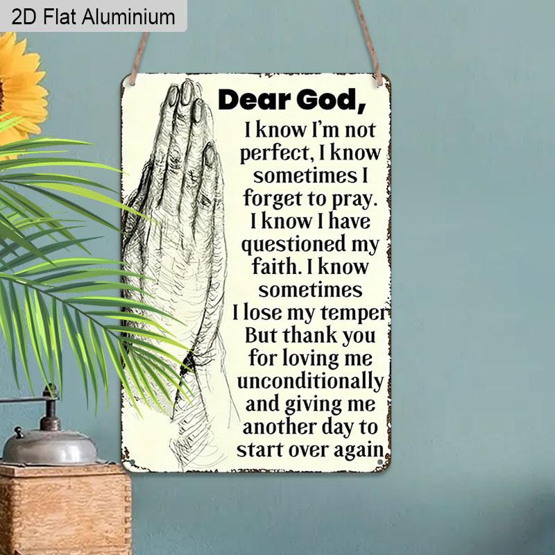 2D Flat, 1pc Vintage Christian Aluminium Wall Art Sign "Dear God, I Know I'm Not Perfect"- 8"x12" Aluminium Rustic Home & Church Decor, Heartfelt