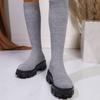 Spring Autumn Boots Women's Fashion Platform Wide Heels Knee-high Boots Knitted Fabrics Stretch Slip-on Socks Boots Casual Shoes