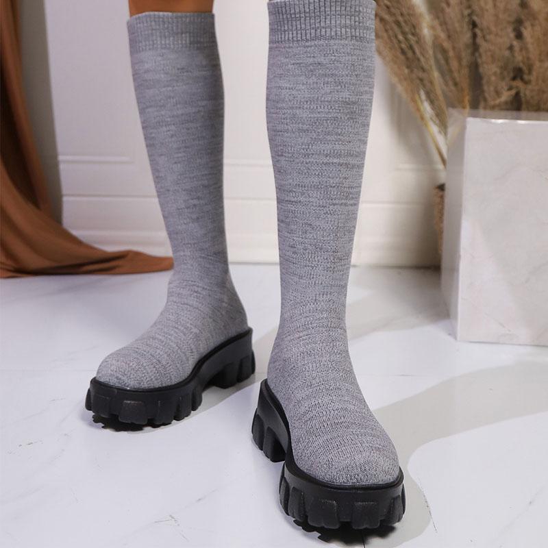 Spring Autumn Boots Women's Fashion Platform Wide Heels Knee-high Boots Knitted Fabrics Stretch Slip-on Socks Boots Casual Shoes
