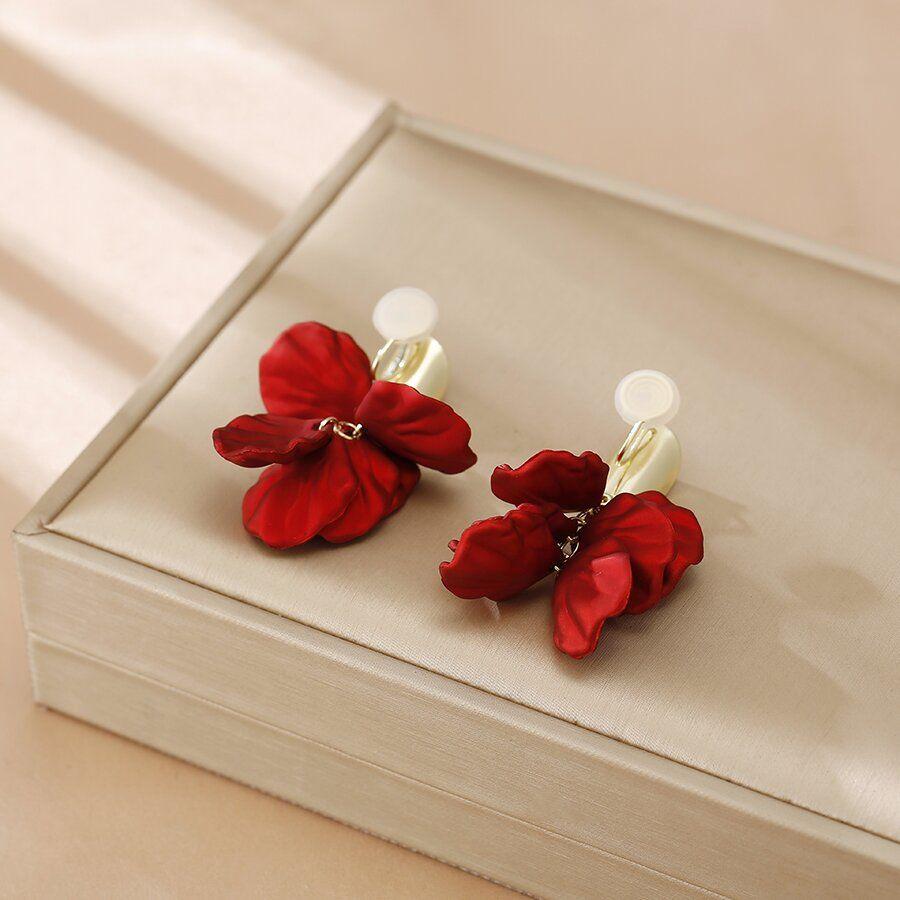 Новые модные красные серьги с цветком и листком, женские серьги-клипсы с противомоскитной сеткой без пирсинга