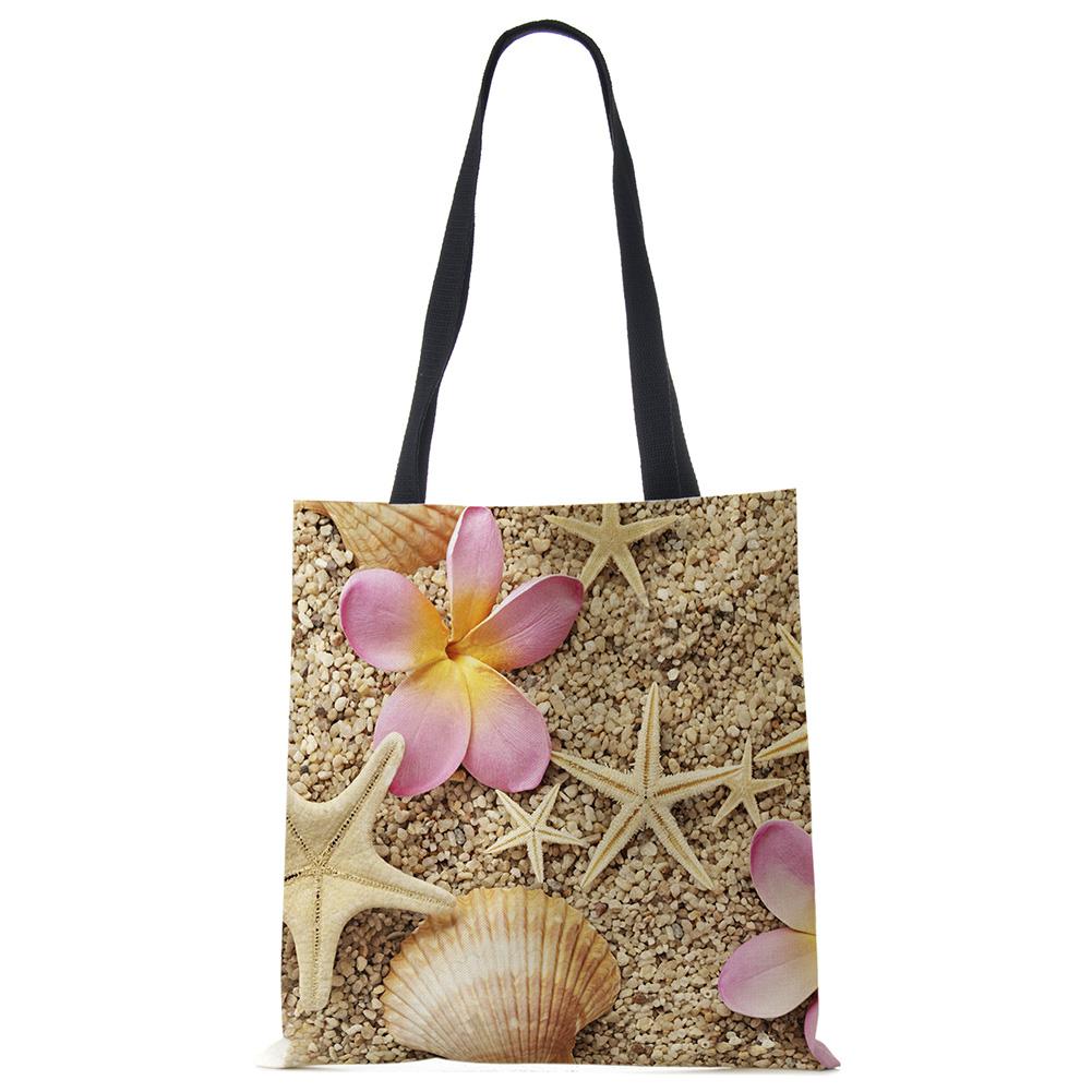 Женская сумка через плечо Голубой океан Морская звезда Пляжные следы Хозяйственная сумка Льняная ткань Красивая Повседневная Практичная Сумка KTY