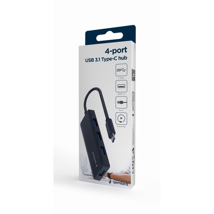 Hub USB-C 3.1 - Gembird - 4 ports - Noir - Compact - Élégant