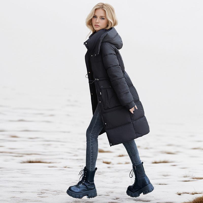 Пальто из хлопка с перьями, женская длинная зимняя утолщенная свободная куртка выше колена с капюшоном