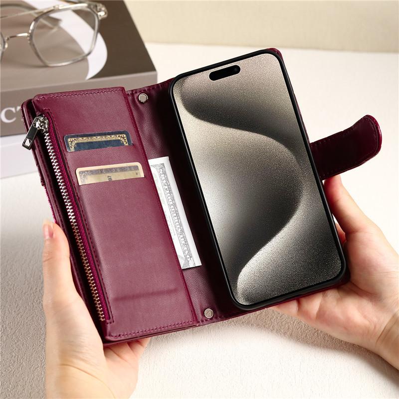 Кожаный чехол-кошелек с ремешком на молнии для iPhone 15 Pro Max 14 13 12 11 Samsung Galaxy S24 Ultra S23 FE S22 S21 S20 A55 A35 A15 A54 A34, чехол