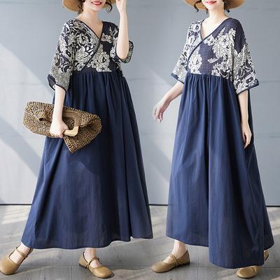 Хлопковый сезон Новое хлопково-льняное платье с V-образным вырезом и вставками в ретро-стиле Платье для мам среднего и пожилого возраста Платье большого размера