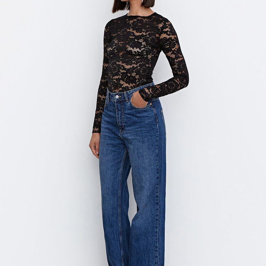 2023 Европейский и Американский Прозрачный Черный Кружевной Длинный Рукав Тонкий Топ Для Женщин