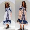 Women's Printed Drawstring Dress with Five-quarter Sleeve Loose Casual