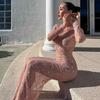 See-Through Crystal Mesh Dress For Women Lace Sheer Bodycon Maxi Dress Long Sleeve Slim Sexy Beach Cover Up Dress For Women