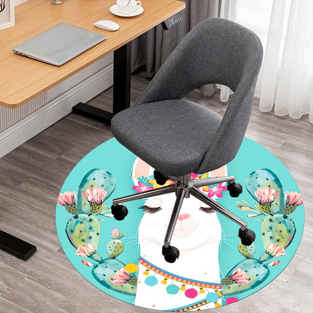 1pc Llama, Cactus Round Chair mat Area Rug - Non-Slip, Floor Mat for Office, Bedroom, home decor Christmas Gift p0811053
