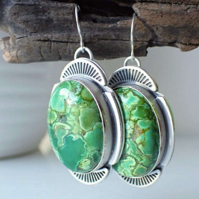 Богемный стиль Инкрустированные синтетической бирюзой Посеребренные серьги-подвески для женских винтажных банкетных ювелирных аксессуаров ручной работы