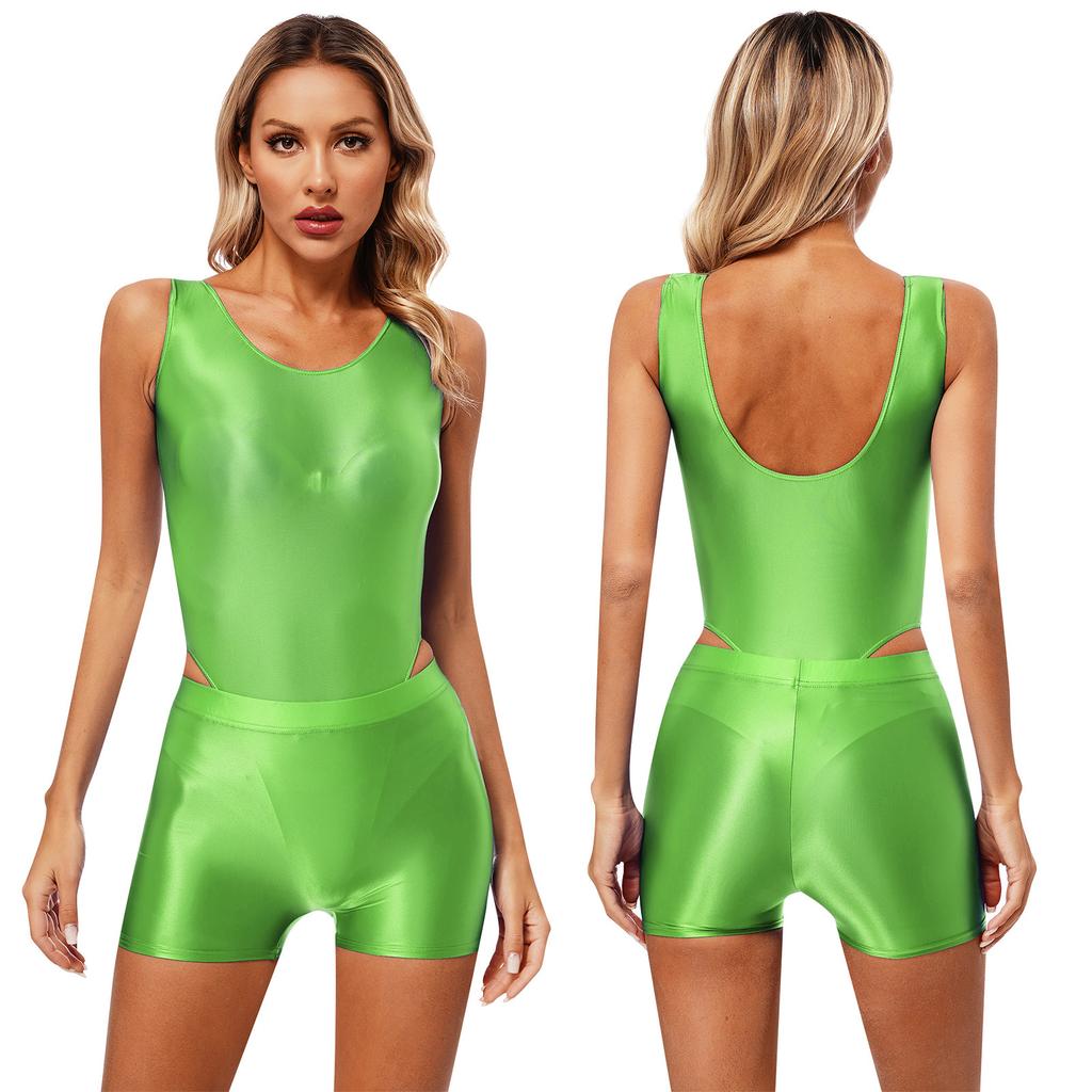 Womens Glossy Swimsuit Two Piece Swimwear Sleeveless Bodysuit Mid Waist Shorts Yoga Fitness Swimming Suit