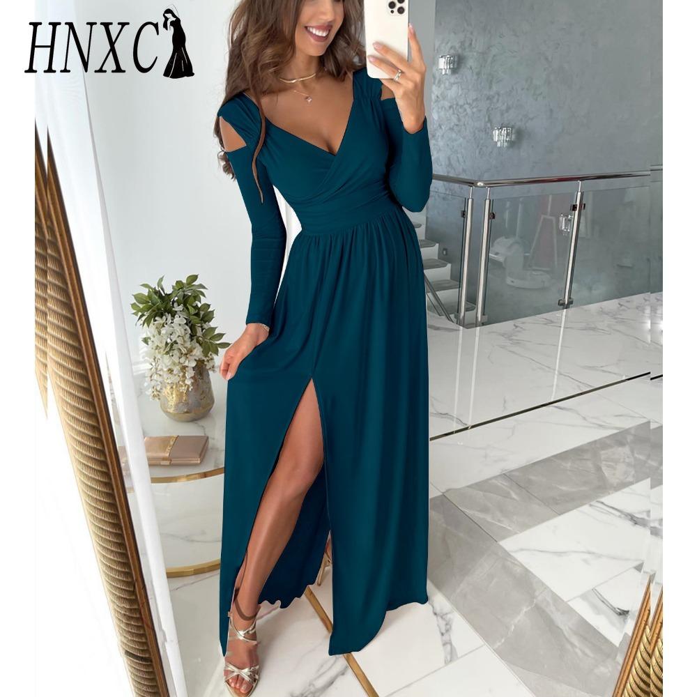 HNXC Maxi Dress Solid Color Big Hem Women Elegant Irregular Waist Travel