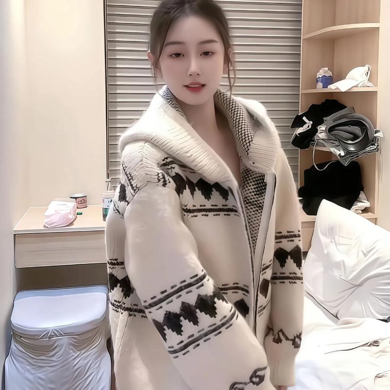 Lazy Style Retro Hooded Sweater Coat Autumn Winter New Korean Zipper Thickened Knitted Cardigan for Women