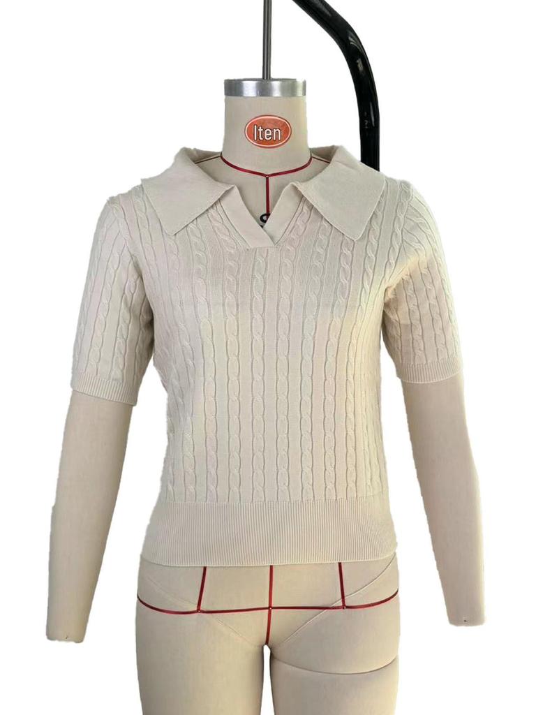 Women's V-Neck Cable Knit Polo Shirt - Short-Sleeved Solid Summer Sweater