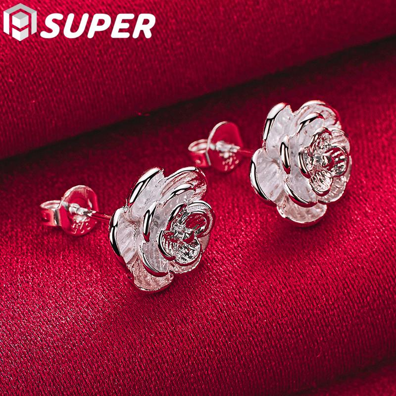 925 Silver Rose Flowers Stud Earrings Jewelry