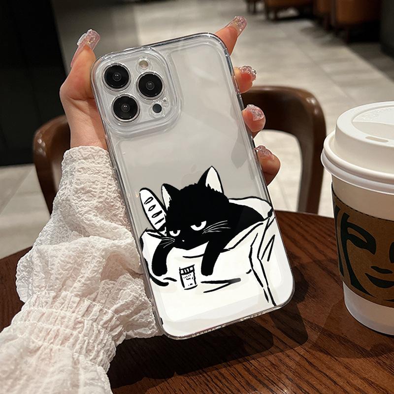 Ленивый черный кот подходит для чехла на мобильный телефон Apple 16plus iPhone17promax милый 15 прозрачный 14 противоударный чехол