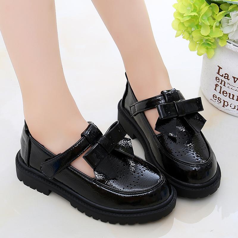 Kids Leather Shoes Girls Oxfords Leather Flats T-strap Children's Shoes Cut-outs Breathable Anti-slip British Vintage Style Bow