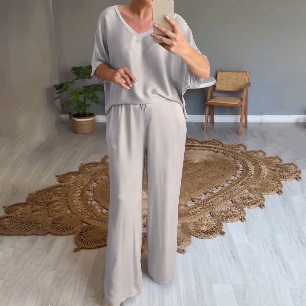 Женский свободный пуловер с v-образным вырезом, повседневный модный костюм с длинными брюками и короткими рукавами