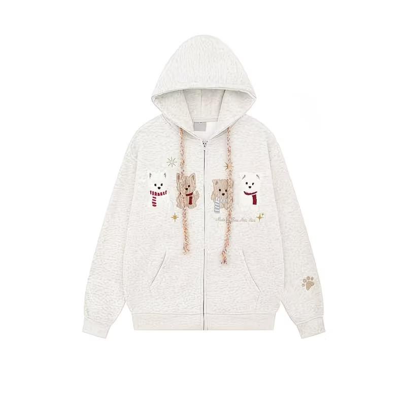 Cute Zip Up Hoodies Long Sleeve Tops Cartoon Dog Flocking Embroidery Jacket Women Kawaii Puppy Graphic Coat Fall Outerwear