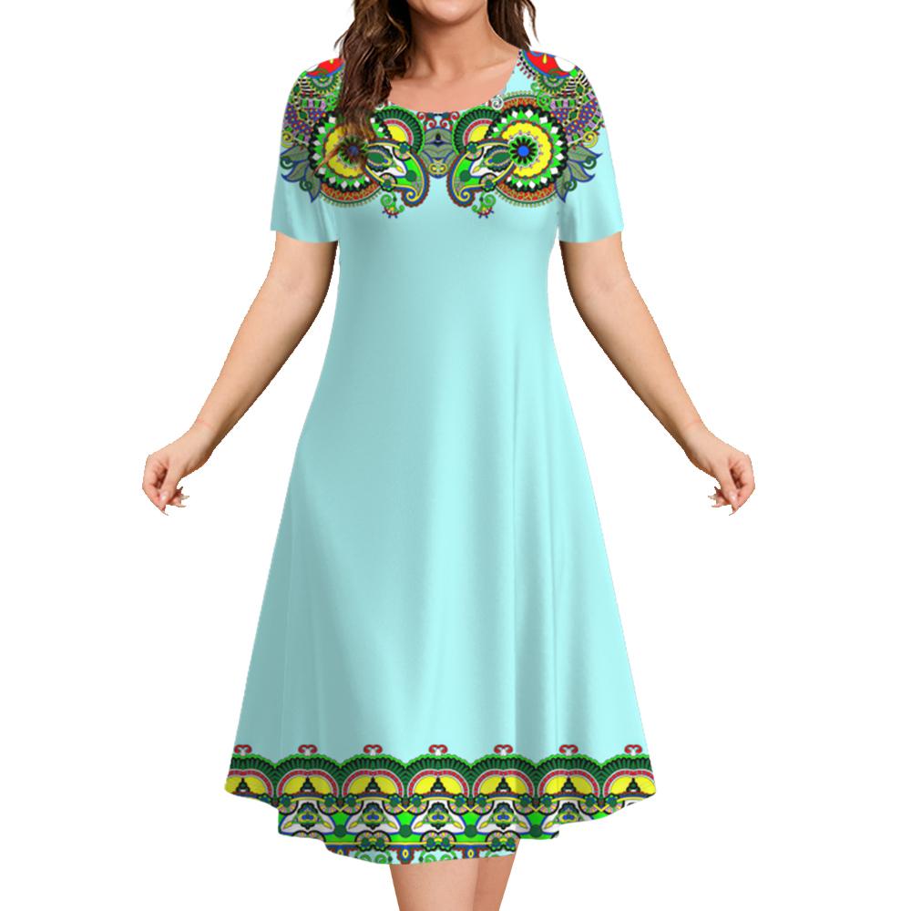 2025 Vintage Women's Dresses Printed Summer Luxury Ethnic Midi Dresses Female Short Sleeve Dress Fashion Oversized Clothes