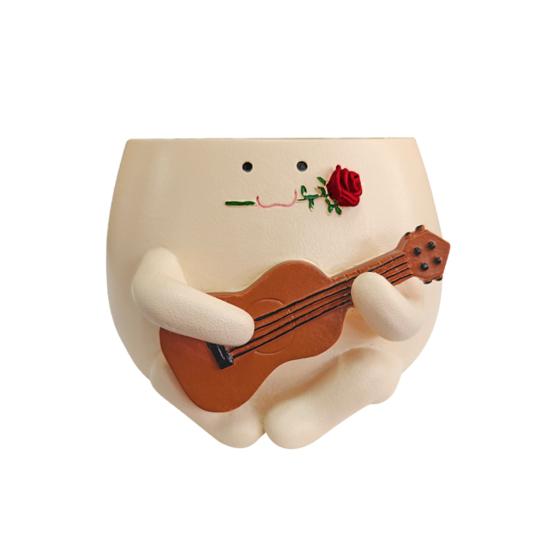 Guitar Smiling Face Planter Pot Resin Ukulele Head Flowerpot Indoor Outdoor Cactus Succulent Plants Container Home Balcony Garden Decoration