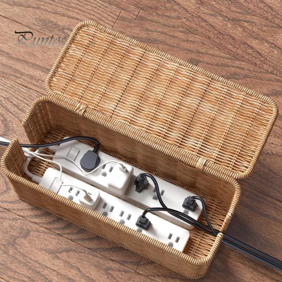 Коробка для укладки кабелей из ротанга, плетеная вручную корзина для органайзера шнуров с 2 слотами, скрытая коробка для шнуров питания большой емкости