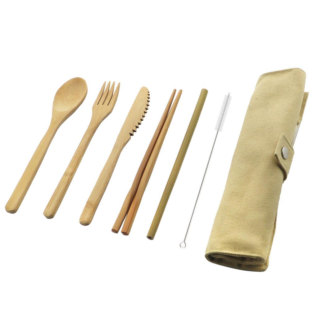 Suit 7pcs Portable Travel Cutlery Ecofriendly Fork Spoon Set Include Reusable Bamboo Slice Chopsticks Straw Cleaning Brush Set