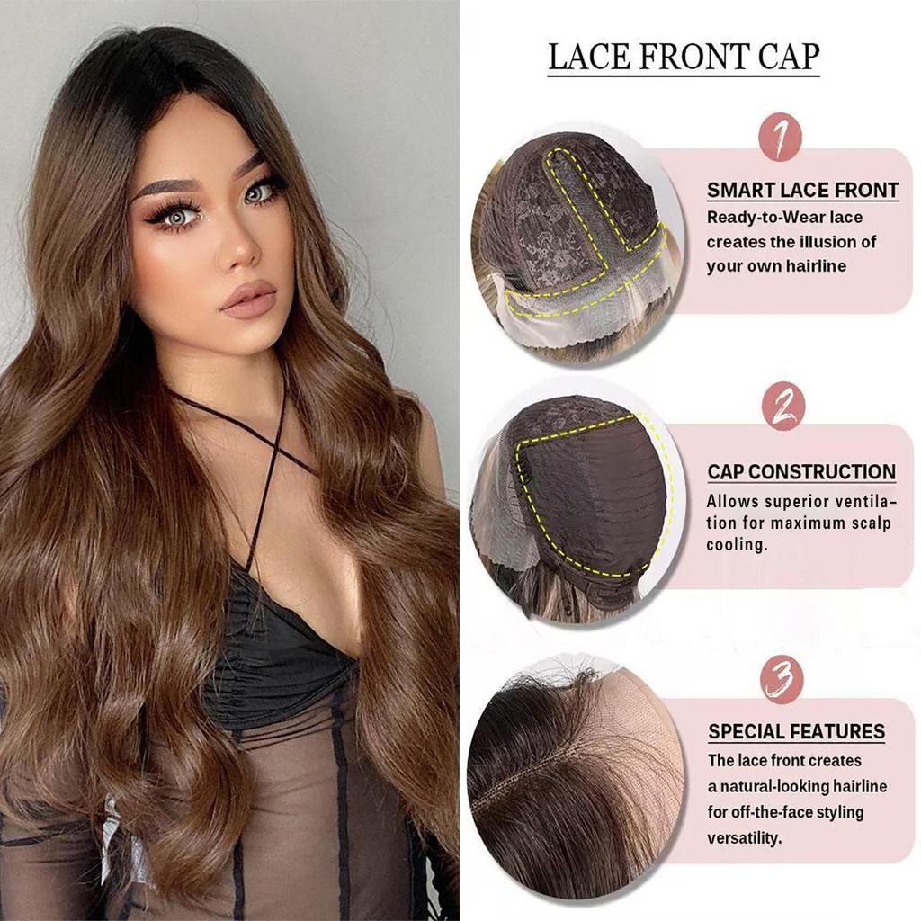 Women's 66cm Hair Dark Brown Long Curly Hair T-shaped Front Lace Rose Hair Net Headwear Pure Hand Woven Lace Wigs Kanekalon Wig