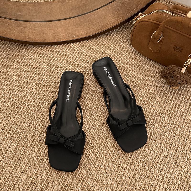 2025 summer new fashionable versatile gentle bow square head open-toed sandals women's soft sole simple wedge heel slippers