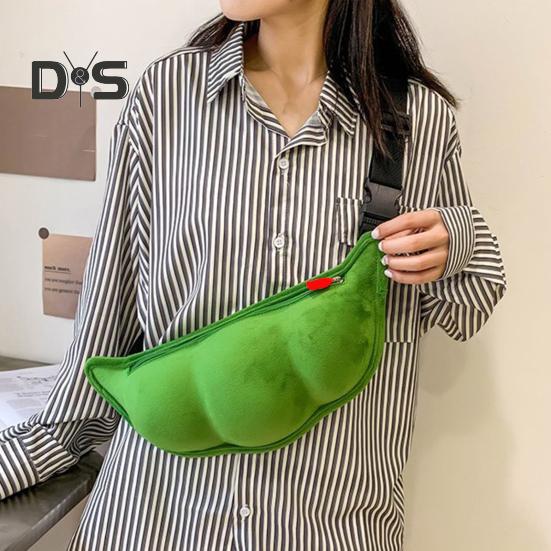 Сумка через плечо в форме зеленой сои, плюшевая сумка на молнии, нагрудная сумка с регулируемым ремнем для походов и активного отдыха на свежем воздухе