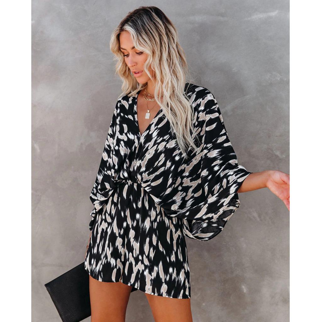 Women Printed Batwing Sleeve V Neck Loose Collect Waist Bandage Jumpsuit