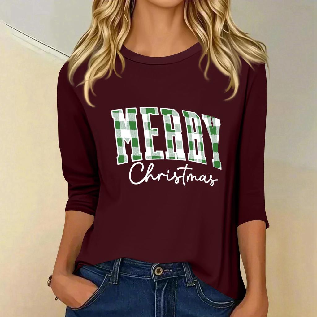Women's Fashion Casual Three-quarter Sleeve Christmas Print Crewed Neck Top