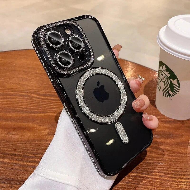 Новый модный блестящий чехол со стразами для iPhone 15 11 12 13 14 Pro Max Plus Magsafe, магнитный, с беспроводной зарядкой, прозрачный блестящий чехол