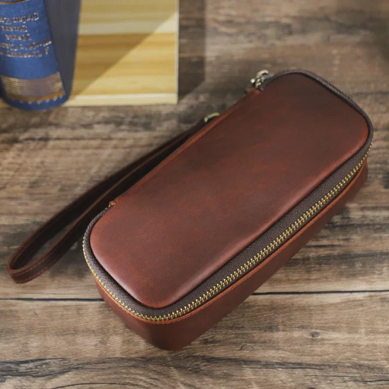 Винтажная сумка для курительной трубки Crazy Horse из кожи с ремешком на запястье - многофункциональное хранилище для курительного набора на молнии
