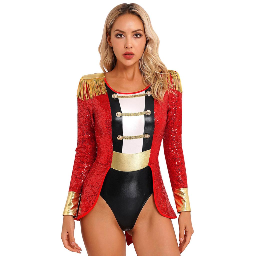 Women's Circus Ringmaster Costume Halloween Cosplay Tassel Leotard Bodysuit with Hat Bow Collar Gloves for Party Stage Shows
