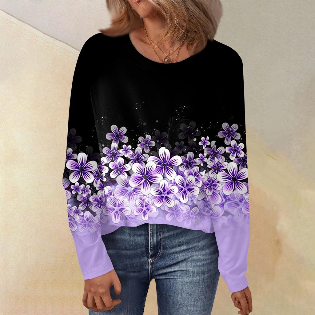 Женский свободный топ с круглым вырезом, цветочным принтом и длинными рукавами