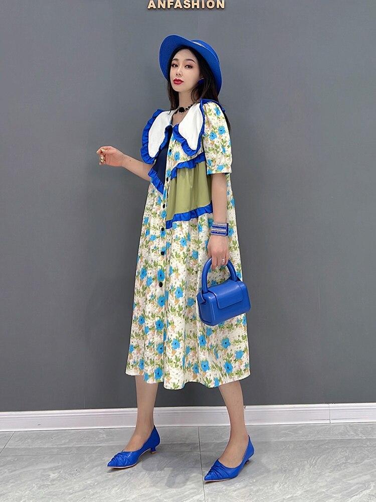 Xitao Платье с французским цветочным принтом, модное платье нерегулярного контрастного цвета, съедобное дерево, грибок, лоскутное платье, воротник Питера Пэна, женское ZY7161